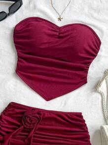 Soleia 2 Pieces Set: Solid Color 3D Floral Tube Top & Mini Skirt,Summer Sets - Burgundy - View 4