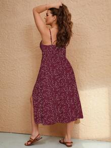 Elaquor Plus Size Summer Vacation Tie-Up Strap High Slit Dress - Red - View 2