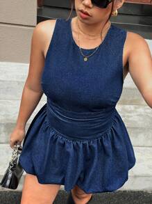 SHEIN ICON 大码褶饰花朵下摆露背无袖迷你牛仔连衣裙