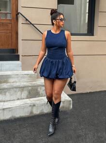 SHEIN ICON 大码褶饰花朵下摆露背无袖迷你牛仔连衣裙