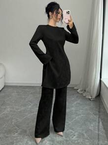 Elenzga 女士优雅通勤魅力女士喇叭长袖圆领收腰侧开叉长上衣和直腿纹理提花设计两件套（随机提花）