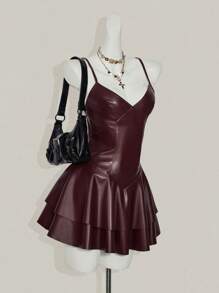 SHEIN ICON Y2K Women Burgundy PU Leather Sexy V-Neck Mini Slip Dress,Party Dress,Country