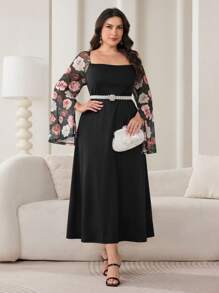 Modelyn Plus Size Elegant Floral Print Patchwork Dress - Multicolor - View 6