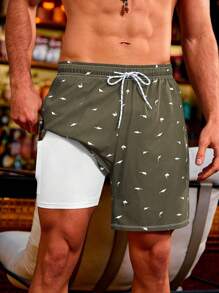 Manfinity Swimmode Men's Shark Print Drawstring Waist Dual Pocket Beach Shorts,Hawaiian - Multicolor - View 4