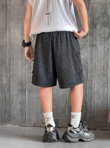 Tween Boy Loose Casual Comfy Soft Functional Versatile Drawstring Waist Shorts, Fleece Fabric With Star Embroidery, Suitable For Spring, Summer, Autumn, Daily Wear, Outdoor, School, Streetwear, Party, Leisure - Black - View 2