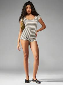 MISSGUIDED Combinaison-short à manches courtes en jersey côtelé, tenue décontractée d'été, short rayé pour le sport, la plage et les festivals à la mode - Multicolore - Voir 5