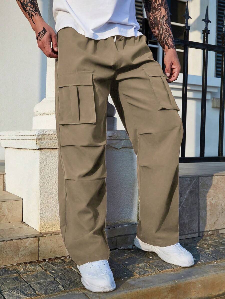 Manfinity Homme Loose Fit Men's Flap Pocket Side Cargo Pants - Khaki - View 1