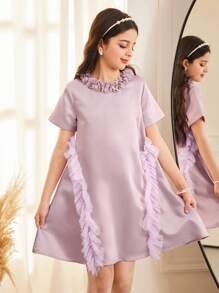SHEIN Tween Girl Glamorous Elegant Floral Embroidered Round Neck A-Line Ruffle Hem Princess Dress, Pink - Pink - View 5