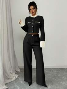 Selianne 优雅通勤拼色夹克和裤子套装 - 黑色 - 查看 4