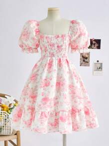 SHEIN Adolescent fete cu mâneci bufante în talie înclinată în formă de A, fără spate, cu decor cu fundă, rochie de vacanță ocazională cu imprimeu floral, primăvară și vară
