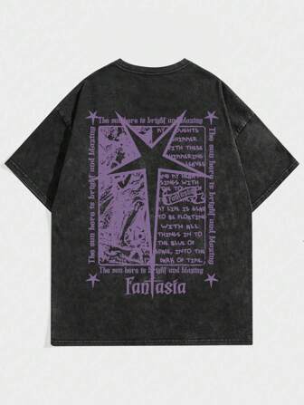 Street Life Camiseta de manga corta casual para hombre con estampado de lema y lavado ácido, para verano