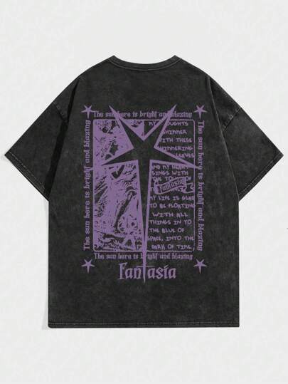 Street Life قميص تي شيرت كاجوال للرجال بطباعة شعار مغسول بالحمض، صيفي