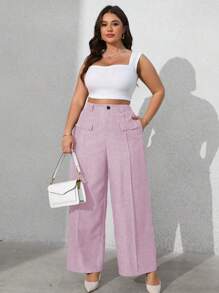Vionelle Plus Size Women's Solid Color Front Button Faux Pocket Casual Pants Graduation,Back To School,Teacher Outfits For Women - Lilac Purple - View 3