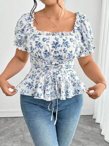 Elenzga Plus Size Women's Elegant Fashionable Versatile Square Neck Ditsy Floral Puff Sleeve Ruffled Hem Back Tied Bow Button Front Blouse - Blue and White - View 5