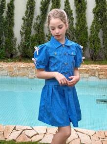 Zestaw dla dziewczynki w kolorze niebieskim, koszula i spódnica plisowana, elegancki strój biurowy z ozdobnym rękawem motylkowym - Niebieski - Zobacz 5