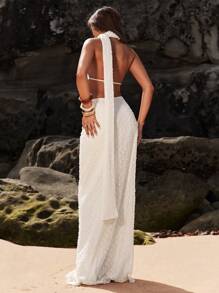 SHEIN BAE Women's Summer Resort Beach Wedding Season Bohemia Off-The-Shoulder Linen Hollow Metal Decoration Streamer Halter Neck Maxi Dress, Wedding Guest Dress Women,Boho Women Clothing,Brunch Outfits For Women,Concert Outfits For Women