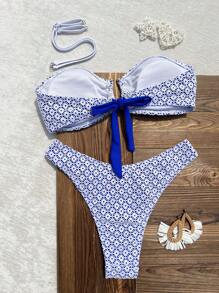 Swim Mod Bộ bikini thông thường hở lưng ren kim loại thanh lịch 2 món cho nữ mùa hè có dây đeo có thể điều chỉnh - Xanh và trắng - Xem 1