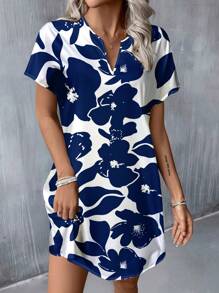 SHEIN LUNE 休闲简约女士蓝色碎花V领编织短款连衣裙，适合春夏穿着，女士夏季连衣裙，时尚休闲款 - 彩色 - 查看 6