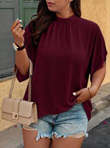 EMERY ROSE Camisa casual de mujer talla grande de unicolor con cuello alto y mangas tipo murciélago - Burdeos - Ver 4
