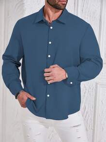 Manfinity Homme Plus Size Men's Minimalist Casual Button-Up Long Sleeve Shirt, Suitable For Commute, Navy Blue Dress Shirt Men, Dark Blue Shirt Men
