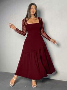 Viva Relle 大码蕾丝袖 A 字形纯色吊带裙连体裤 - 酒紅色 - 查看 4