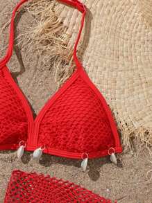 SHEIN 3pcs/Set Tween Girls Swimsuit, Brown Triangle Cup Shell Trim Halter Neck Top & Mesh Bottom - Red - View 4