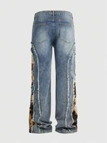 ROMWE MEN Street Life Men's Jacquard Patchwork Distressed Edges Denim Jeans - Blue - View 3