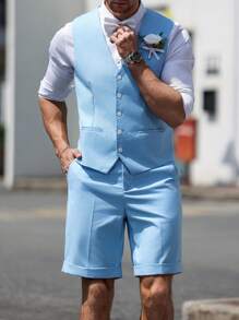 Manfinity Mode Men's Solid V-Neck Front Button Vest & Pockets Shorts Suit Set - Baby Blue - View 1