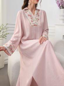 Al Najma Women's Colorful Embroidery Patchwork Lapel Long Sleeve Arabic Style Dress, Spring/Summer Fall Cloth For Women