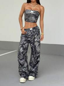 SHEIN Unity Bộ 2 áo ống in hình lá héo cổ điển dành cho nữ và quần dài thường ngày, mùa thu - xanh quân đội - Xem 4