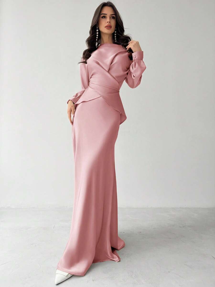 Firerie Women's Elegant Apricot Satin Asymmetric Hem & Satin A-Line Skirt - Dusty Pink - View 1