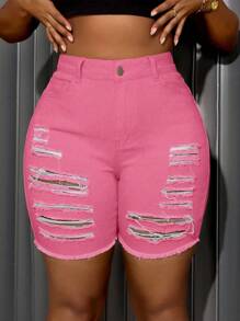 SHEIN SXY Plus Size Women Stretch Ripped Denim Pink Shorts Summer Outfits For Women Festival Outfits  Biker Shorts - Pink - View 4