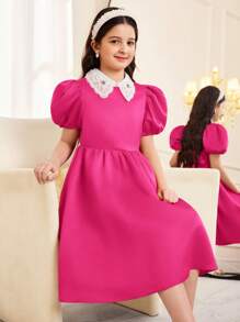 SHEIN فستان مينى للفتيات المراهقات بأكمام بارزة وطبعات زهور ملونة ، أنيق وأنيق - روز أحمر - مشاهدة 6