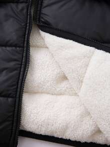 SHEIN Leap Crew 青少年男孩休闲韩版保暖内衬连帽前拉链厚派克大衣 - 黑色 - 查看 7