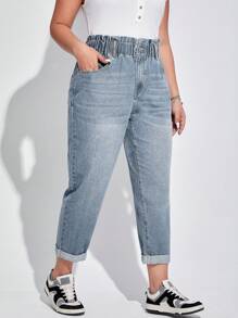 SHEIN ICON 大码女式口袋锥形宽松休闲牛仔裤 - 淺色水洗藍 - 查看 1