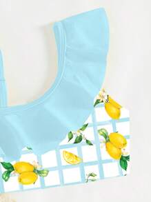 SHEIN Girls Summer Beach Outfit Lemon Print Ruffled One-Shoulder Bikini Set, Family Matching Outfits Mommy And Me (4 Pieces Sold Separately) - Multicolor - View 3