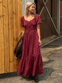 DAZY Đầm maxi nữ màu đỏ khoét cổ vuông, thắt eo, dáng lửng, có bèo nhún. - Màu Đỏ Sâu - Xem 1