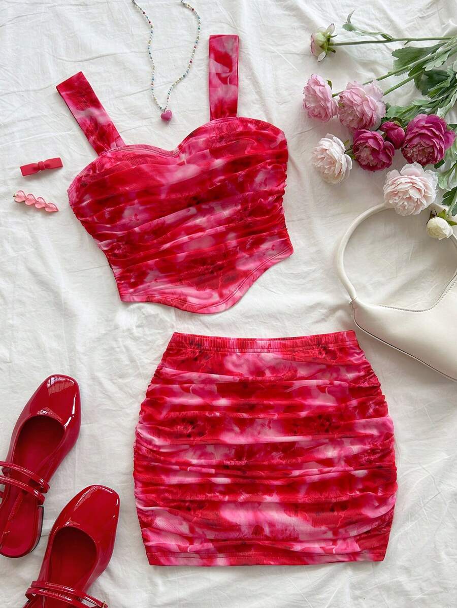 Soleia 度假女士扎染花卉印花甜心领无袖背心和松紧腰迷你裙套装 2 件套 - 彩色 - 查看 1