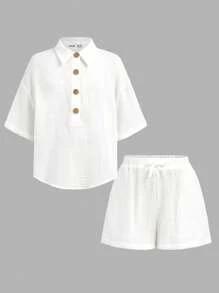 Conjunto de Camisa e Shorts Casual com Decote Esporte Manga Curta e Botões para Meninas Pré-Adolescentes - Branco - Visão 3