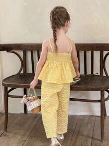 LMoss Kids Bộ đồ đôi LMoss dành cho bé gái, gồm áo hai dây xếp ly màu trơn và quần ống rộng, thích hợp cho mùa xuân và mùa hè, màu vàng, dành cho bé gái nhỏ, quần áo trẻ em 4 tuổi. - Màu vàng - Xem 2