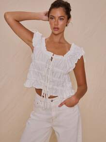 MUSERA Scoop Neck Ruched Tie Front Linen Cap Sleeve Fitted Top Spring Summer Vacation Cute Elegant Sweet Escape Holiday - White - View 1