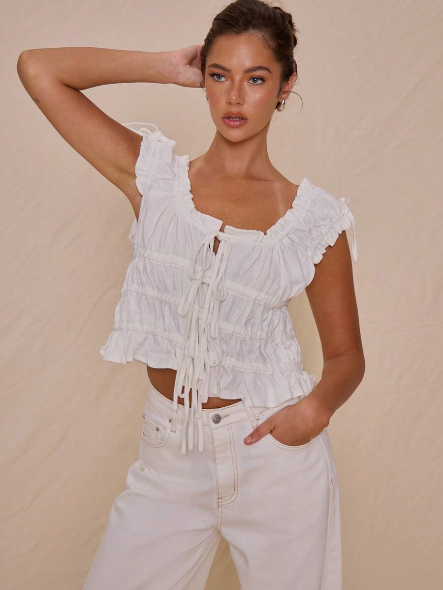MUSERA Scoop Neck Ruched Tie Front Linen Cap Sleeve Fitted Top Spring Summer Vacation Cute Elegant Sweet Escape Holiday - White - View 1