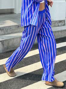 Pantalon rayé décontracté et pratique pour femme - Bleu azur - Voir 3