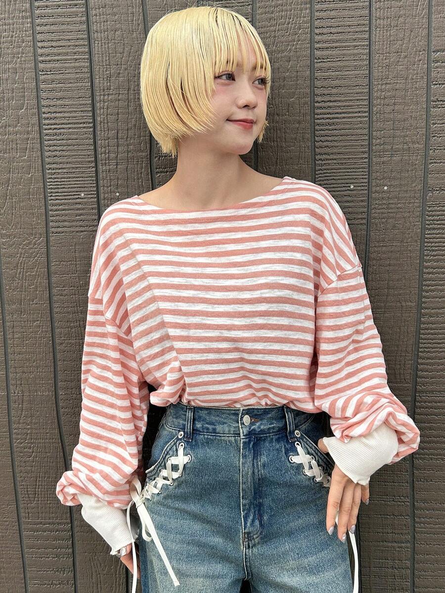 FRIFUL Women's Striped Loose Petite Long Sleeve T-Shirt, Spring Casual Outfit Vacation Striped Top
