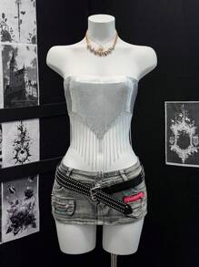 EgrlEra 女士金属性感流苏抹胸上衣，适合节日派对和俱乐部 - 銀色 - 查看 1