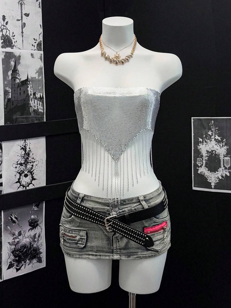 EgrlEra 女士金属性感流苏抹胸上衣，适合节日派对和俱乐部 - 銀色 - 查看 1