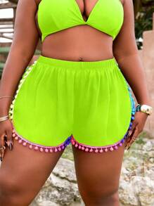 Slaydiva Plus Size Elastic Waist Beads & Net Mesh Trim Casual Vacation Beach Shorts With Cover Up - Green - View 5