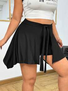 SHEIN EZwear Plus Size Black Knitted Mini Skirt: Casual Wrap Style With Semi-Sheer Detailing For A Look - Black - View 4