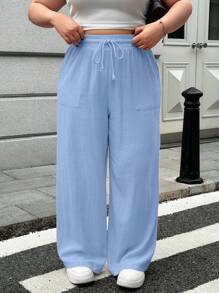 SHEIN EZwear Plus Size Plain Color Casual Pants, Suitable For Summer - Blue - View 1