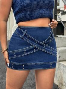 SHEIN ICON Minissaia jeans elástica lavada plus size Y2K Streetwear - Lavagem escura - Ver 1